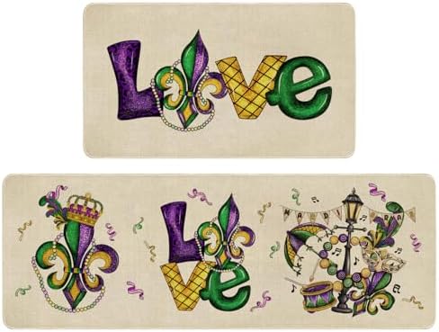 Mardi Gras Kitchen Mat Set 2 Piece,Fleur De Lis Love Decorative Kitchen Rugs Low-Profile Mats for Home Kitchen Decor 17"x48"+17"x30" by Xsinufn