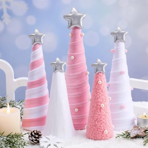 Realspring 5 Pcs Pink White Velvet Christmas Cone Tree Table Decoration by Realspring