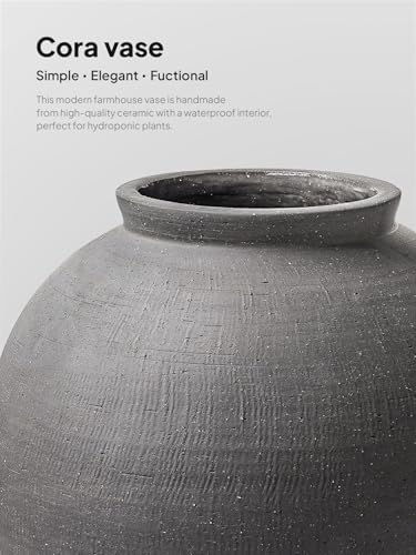 Large Blak Ceramic Vase - 9.8 Inch Rustic Farmhouse Flower Vase for Home Decor, Minimalist Tall Vases for Living Room, Table, Bathroom, Holiday & Weddings,Sandstone Dark Grey - Image 5
