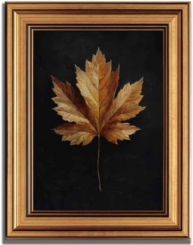 Gold Framed Maple Leaf Canvas Wall Art 3D Texture Dark Plant Maple Leaf painting Decor Picture Moody Yellow Poster Prints for Living Room Classroom Bedroom office corridor bathroom Decoration by JUZKNMCWallArtwelcomesyou