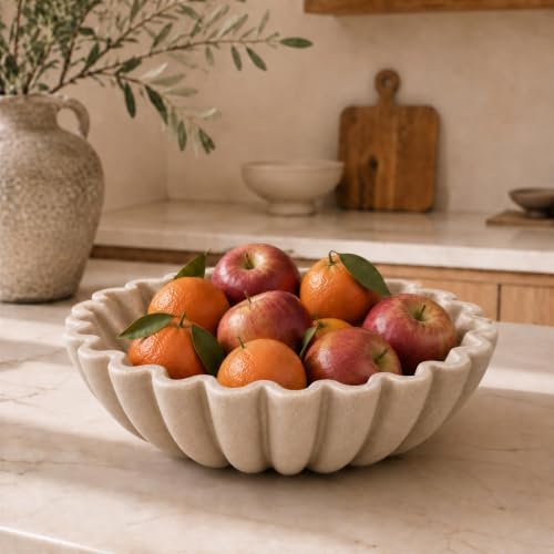 Decorative Marble Fruit Bowl For Kitchen Counter Or Table Decor – Premium Resin Large Key Bowl Elevates Your Modern/Farmhouse Home Decoration, Showcasing Fruit or Seasonal Centerpieces in Style by KIBAGA