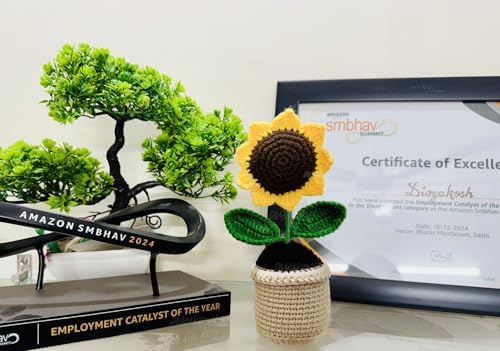 Divyakosh Handmade Crochet Flowers Potted Plant - Set of 1, Hand Woven Sunflowers Daisy Knitted Potted, Flower for Car Dash Decoration, Table Decor, Home Decora - Image 3