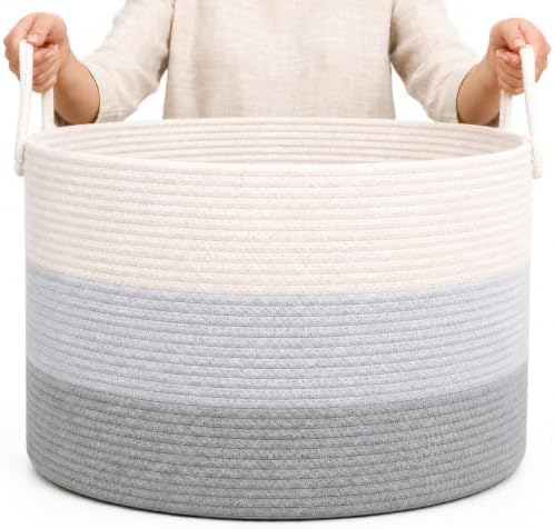 OrganiHaus Large Woven Storage Basket for Blankets and Toys 20" x 13" Inch, Rope Laundry Basket with Handles, Cushions & Pillows Storage Bin, Nursery Hamper, Soft Round Dog Toy Bin - Gray by OrganiHaus