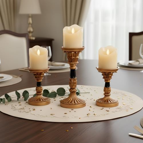 Vintage Candle Holders Set of 3 – Hand-Painted Resin Pillar Candle Stands – Antique Gold Decorative Candle Holder Set for Table Centerpiece, Mantel, Wedding, and Home Decor - Image 4