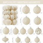30pcs Velvet Christmas Ball Ornaments, Flocked Shatterproof Christmas Ornaments Hanging Xmas Tree Decorations Set for Home Party Holiday Decor (Multi-Size, Cream) - Image 2