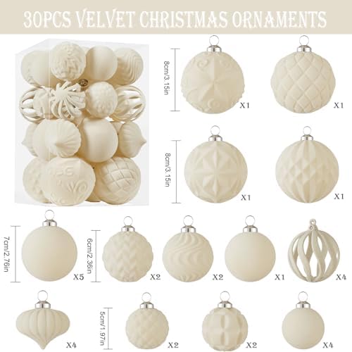 30pcs Velvet Christmas Ball Ornaments, Flocked Shatterproof Christmas Ornaments Hanging Xmas Tree Decorations Set for Home Party Holiday Decor (Multi-Size, Cream) - Image 2