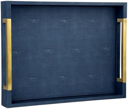 HofferRuffer Faux Leather Serving Tray with Gold Metal Handles, Stylish Decorative Tray Organizer for Coffee Table, Ottoman, Home Decor and Serving (Blue Shagreen, 16.2" x 12.2" x 2") by HofferRuffer