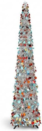 Aoriher 5 ft Pre-lit Pop up Silver Christmas Tinsel Tree Decor Reusable Collapsible Artificial Sequins Slim Pencil Tree with Colorful String Lights for Holiday Party Home Indoor Outdoor by Aoriher