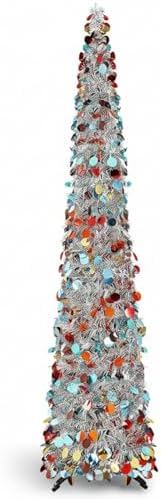 Aoriher 5 ft Pre-lit Pop up Silver Christmas Tinsel Tree Decor Reusable Collapsible Artificial Sequins Slim Pencil Tree with Colorful String Lights for Holiday Party Home Indoor Outdoor by Aoriher