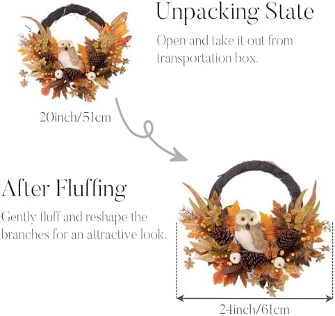 Valery Madelyn 24'' Collapsible Fall Wreath for Front Door with Owl Pumpkin - Image 6