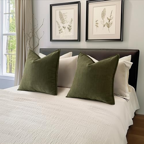 MIULEE Pack of 2 Olive Green Euro Shams Chenille Pillow Covers 26x26 Inch - Image 5