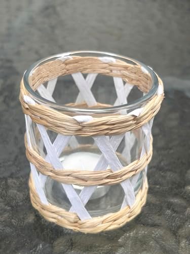 Pack 4 White Woven Rattan Tealight Candle Holders Candle Lantern - Coastal Tropical Glass Tea Light Holder Hurricane, Natural Seagrass Boho Hand Woven Votive Candle Holder - Image 3