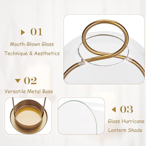 Hurricane Metal & Glass Candle Holder Set of 2 with Timer Candles, Decorative Candlestick Pillar Holder with Clear Glass for Wedding Party Holiday Dining Table Centerpiece Lanter, Gold - Image 3