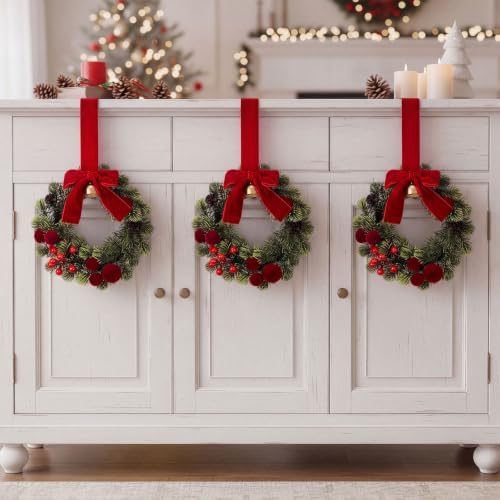 6 Pack Small Christmas Velvet Cabinets Wreaths with Ribbon Bell - Image 6