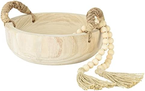 Paulownia Wood Bowl Rustic Wooden Dough Decorative Round Serving Key Bowl with Rope Handle and Wood Bead Garland for Christmas Tabletop Centerpiece Home Decor 9.5 inches by AllyourneedsareRealforus
