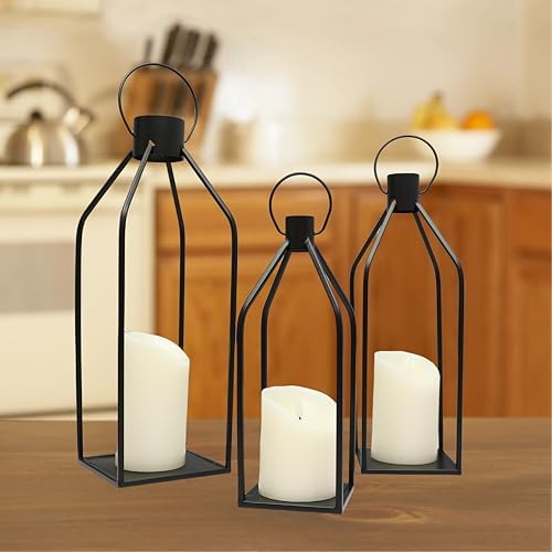 Lanterns Decorative Tall Large Black Metal Candle Lanterns Set of 3- Modern Farmhouse Decor for Indoor,Outdoor,Tabletop,Porch (No Glass NO Candles) - Image 2