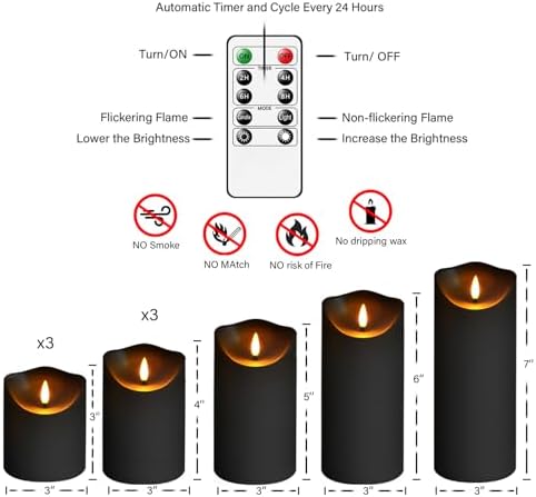 Eebuss Flameless Candles with Remote Timer, Battery Operated Realistic Flickering LED Candles, 9 Packs Fake Candles for Home Decor (D3 x H 3" 4" 5" 6" 7") (Black) - Image 5