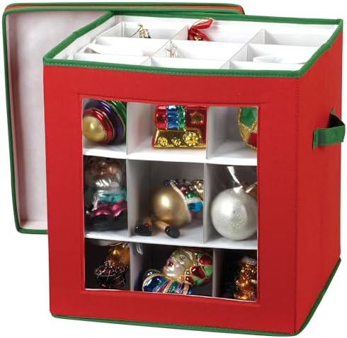Household Essentials 27‑Piece Ornament Storage Box with Clear Front Panel and Adjustable Dividers, Red and Green - Image 5
