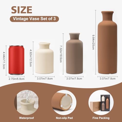 Ceramic Vase Set of 3, Modern Neutral Home Decor, Terracotta Boho Rustic Farmhouse Decorative Vases for Pampas Grass Dried Flowers | Table Centerpiece Entryway Mantel Shelf(Coffee Mix Set - White#2) - Image 2