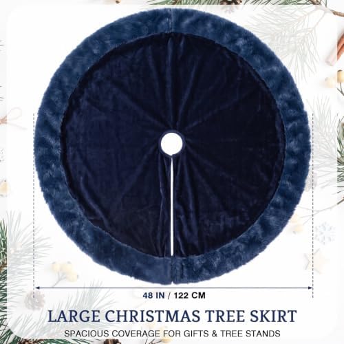 Skylety 48" Velvet Christmas Tree Skirt with Faux Fur Trim,Navy Blue - Image 2