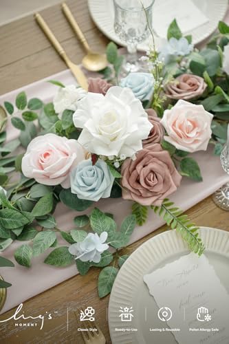 Ling's moment Flower Garland, 6FT Eucalyptus & Rose Blush Powder Blue - Image 3