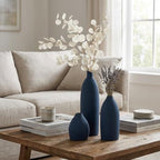 Blue Vase Set of 3, Navy Blue vase Trio Ceramic Bud Vases, Watertight Blue Ceramic vase Set with Non Slip Pads, Small Medium Tall Vases for Shelf Decor, Centerpieces - Image 3