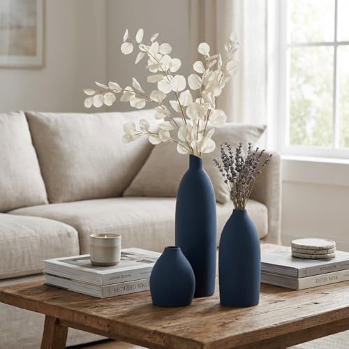 Blue Vase Set of 3, Navy Blue vase Trio Ceramic Bud Vases, Watertight Blue Ceramic vase Set with Non Slip Pads, Small Medium Tall Vases for Shelf Decor, Centerpieces - Image 3