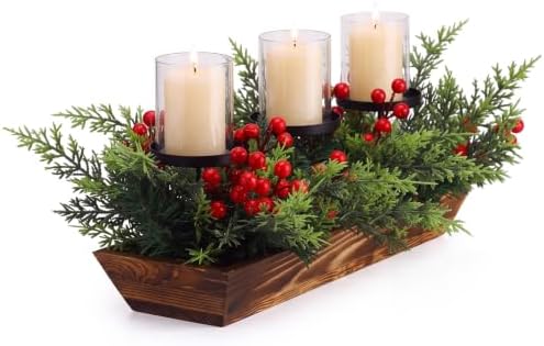 3 Pillar Christmas Table Centerpiece Christmas Candle Holder Artificial Norfolk Pine with Steel Base Frosted Arrangement for Home Decor by Suttmin