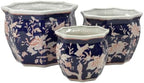 Galt International Blue & Pink Round Fluted Floral Porcelain Ceramic Plant Flower Planter Pot Set of 3 (7.5", 10", 13") Garden Pots Chinese Asian Design by GaltInternational