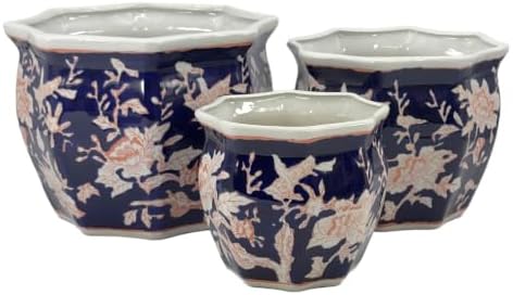 Galt International Blue & Pink Round Fluted Floral Porcelain Ceramic Plant Flower Planter Pot Set of 3 (7.5", 10", 13") Garden Pots Chinese Asian Design by GaltInternational