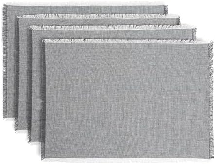 Over&Back Set of 4 Woven Frayed Chambray Placemats - Colorful Dining Table Mat - Hand-Finished Frayed Edges - 100% Cotton - Machine Washable - Kitchen and Home Decor - Grey - 14" L X 20" W by overback