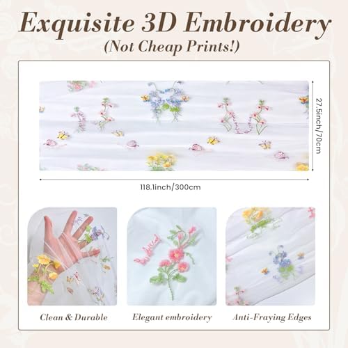 4 Pack White Wildflower Floral Table Runner 120", Embroidered Tulle Gauze for Wedding Reception, Boho Vintage Spring Summer Table Decor - Image 3