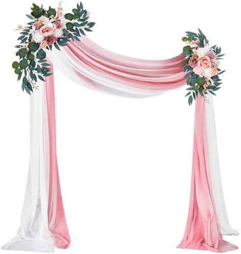 Thiccywoov 4 Pcs Wedding Arch Flowers and Drape Kit Include 2 Artificial Floral Swag and 2 Chiffon Drapes, Faux Flower Set for DIY Wedding Party Reception Ceremony Backdrop Rose Decoration (Pink) by Jgiusenfg