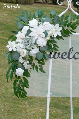Faux Flower Swag Set of 2 for Wedding Welcome Signs Floral Swag Wedding Reception Ceremony Signs Decor (White & Green) - Image 3