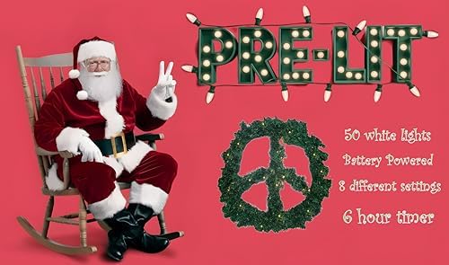 Funny Guy Mugs Peace Sign Wreath - Pre-Lit Indoor or Outdoor Christmas Wreath for Front Door - Fall or Thanksgiving Wreath with Lights - 24" Diameter - PVC Material - Green - Image 2