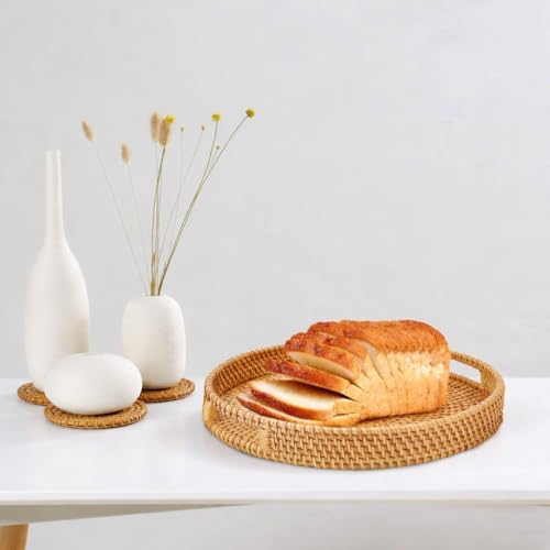 Round Rattan Serving Tray Set (2 Nesting Sizes) with Handles, 4 Coasters Included, Handwoven Boho Wicker Organizer for Coffee Table or Ottoman, 14.2 x 2.3 in and 11.9 x 1.7 in - Image 5