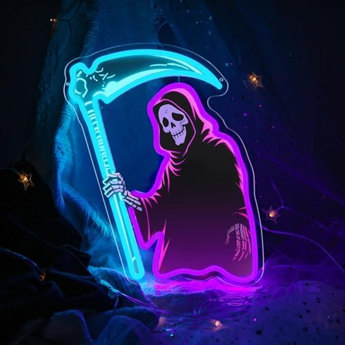 Grim Reaper Neon Sign with Scythe, Halloween LED Skeleton Neon Light by Mojoish