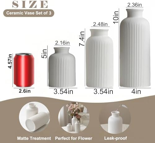 Large Modern Ceramic Vase Set, White Ribbed Matte Design, 3-Piece Decorative Vases for Home, Living Room, Office (XL White) - Image 4