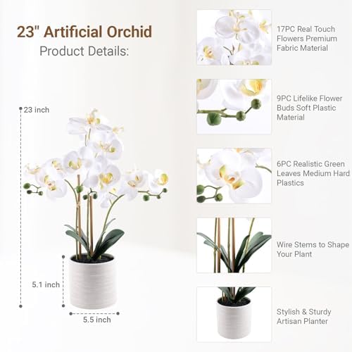 Fake Orchid Plant 23" Tall, Realistic Touch Leaves, Potted Phalaenopsis Artificial Plants Indoor for Home Decor Small Office Home Living Room-White - Image 2