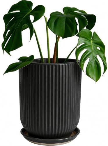 Deep Dream 8 Inch Ceramic Pots for Plants, Heavy Plant Pot for Indoor Outdoor Plants, Large Plant Pot with Drainage Hole and Saucer, Modern Tall Flower Pot, Gifts for Plant Lovers, Black by DeepDream