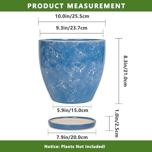 Ceramic Flower Pot - 10 Inch Planter with Drainage Hole and Saucer, Modern Large Planters, Decorative Plant Pot for Indoor Ourdoor, Room Home Garden Porch Decor, Plant Lover Gifts, Blue - Image 3