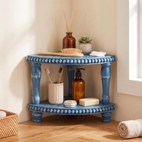 Kigley 2 Tiered Corner Riser for Kitchen Counter Wood Beaded Corner Shelf Blue Wash Countertop Bathroom Counter Organizer Rustic Decorative Pedestal Stand with Removable Feet for Kitchen Coffee Bar by Kigley