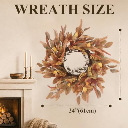 24" Artificial Fall Wreath for Front Door, Autumn Harvest Wreath with Eucalyptus Leaves, Sorghum, Farmhouse Thanksgiving Decor for Indoor Outdoor Porch, Window&Entryway (Autumn Yellow) - Image 4
