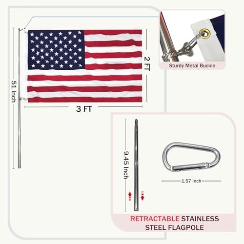 JRED 4 Pack American Flags for Classroom on Stick, 2x3FT US Flags USA Banner with 51'' Retractable Stainless Steel Pole, Flagpole Clips and Carabiners for 4th of July Decorations - Image 3
