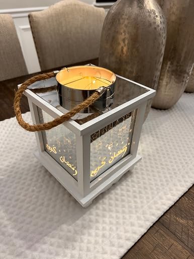 Ramadan Kareem Wooden Mirrored Lantern - Unique Eid Festive Decoration for Home Warm, Inviting Ambiance Muslim Allah New Year (9x7 Inches, Battery Operated), Large - Image 2