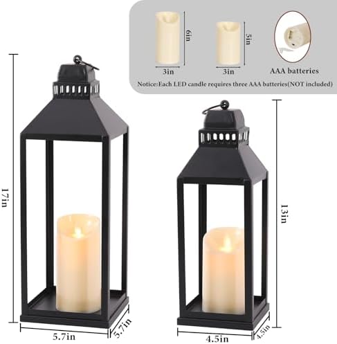 Decorative Lanterns Indoor Outdoor, 2Pcs 17" 13" Black Lantern with Candles - Image 2