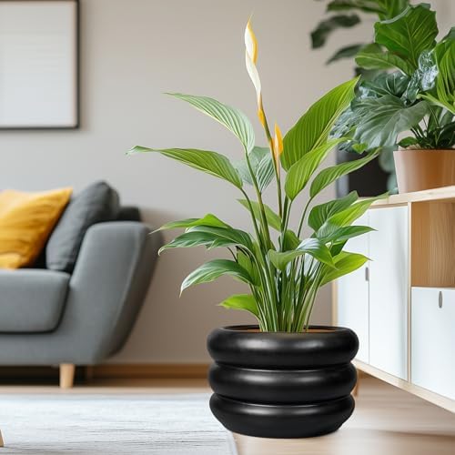 SQOWL Ceramic Flower Pot 13.5 Inch - Large Planter for Indoor Plants Outdoor Plant Pot with Drainage Hole Round Planter Mid-Century Flower Pot for Porch Living Room Decor Black - Image 2