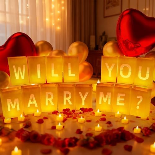 Will You Marry Me Decorations – Romantic Setup Kit with Light Up Letters, 30 Tea Light Candles, 2000 Rose Petals, 10 Balloons – Luminary Bags for Proposal Decoration(W) - Image 5