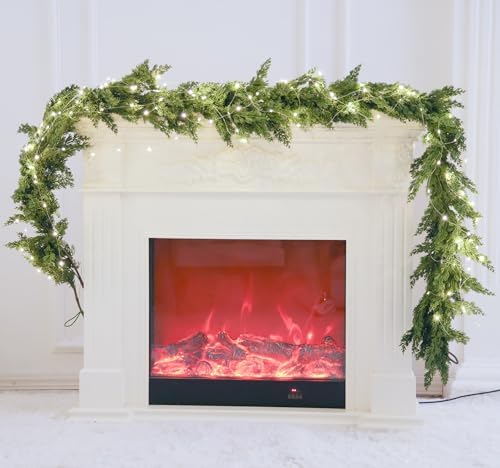 MISSPIN Christmas Garland with Lights, Real Touch Winter Cedar Pine Garland, Green Artificial Greenery Garland for Table, Mantle, Wall, Indoor, Outdoor Christmas Decorations by MISSPINWEDDING