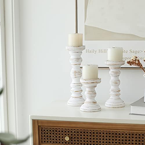SWALLOWLIVING Rustic Farmhouse Wood Pillar Candle Holder Set of 3 for Candlestick, White - Image 5